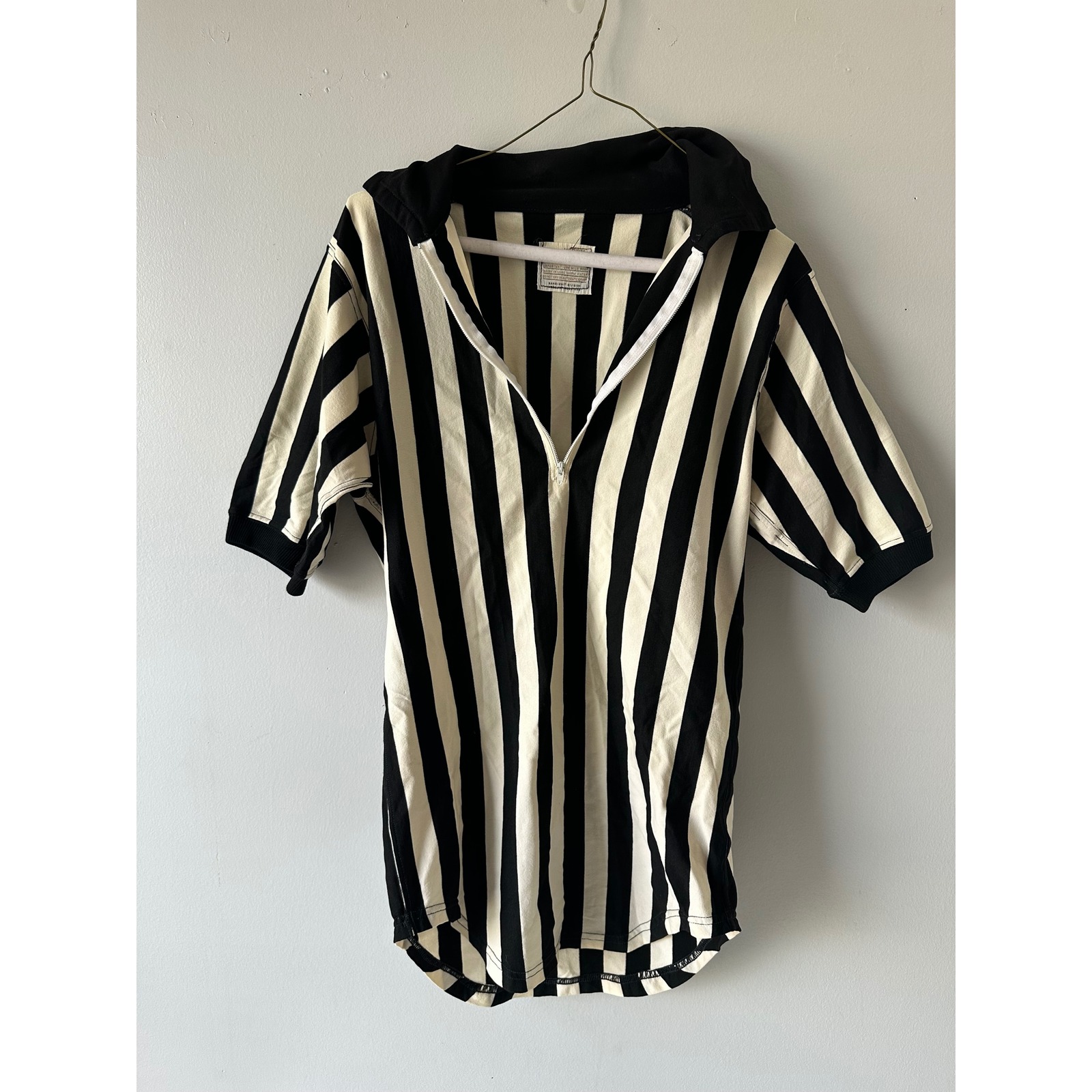 Vintage Sand-Knit Referee Shirt Black White Vertical Stripe Quarter Zip Medium